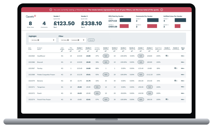 The Garrets quote comparison tool on a laptop: two vendors&rsquo; quote totals and a line-by-line price comparison