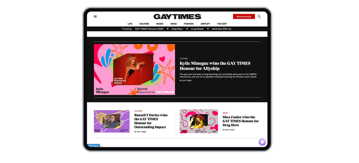 The Gay Times homepage on a tablet