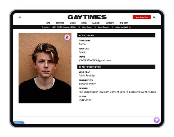 Membership profile on a tablet