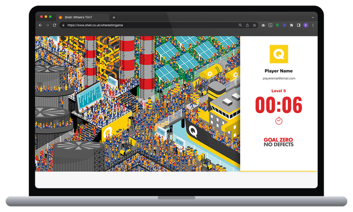 Shell&rsquo;s Where&rsquo;s Tim? game on a laptop: a crowded illustrated site, a level timer and the Goal Zero, No Defects branding