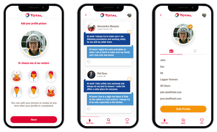 The Total safety wall app on three phones: choosing a profile picture, the wall of safety commitments, and a profile