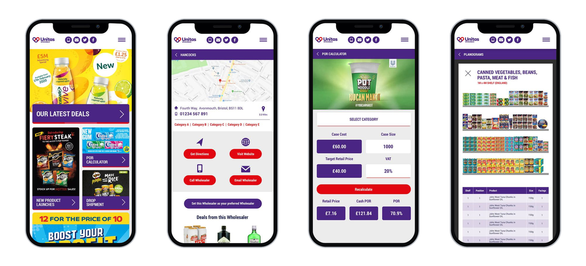 Four screens from the Plan for Profit app: home, wholesaler locator, POR calculator and planograms